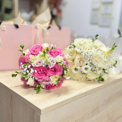 Bridal bouquet with roses and lisianthus