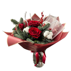 Buchet “Noel” cu brad, trandafiri, bumbac si ilex
