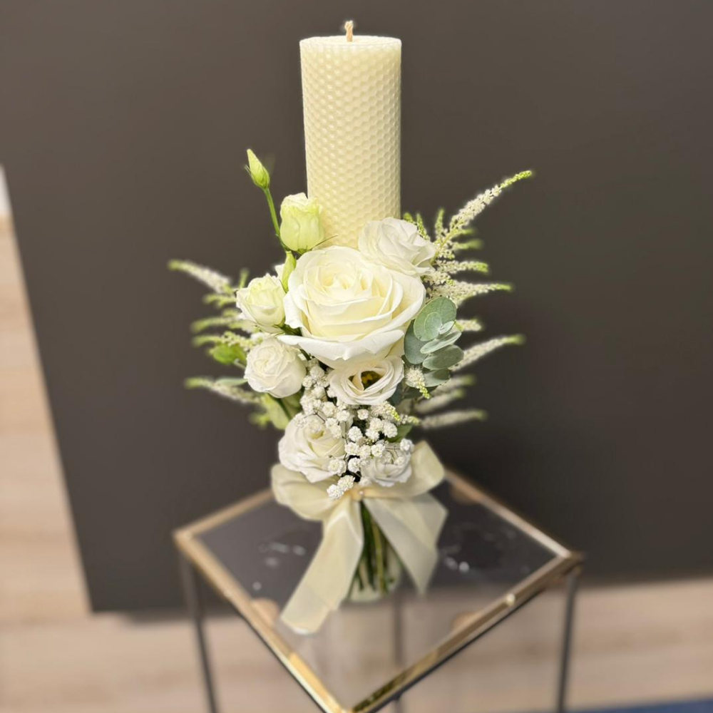 Lumânare nunta cu lisianthus si trandafir