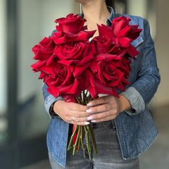 Bridal bouquet with reflexed red roses