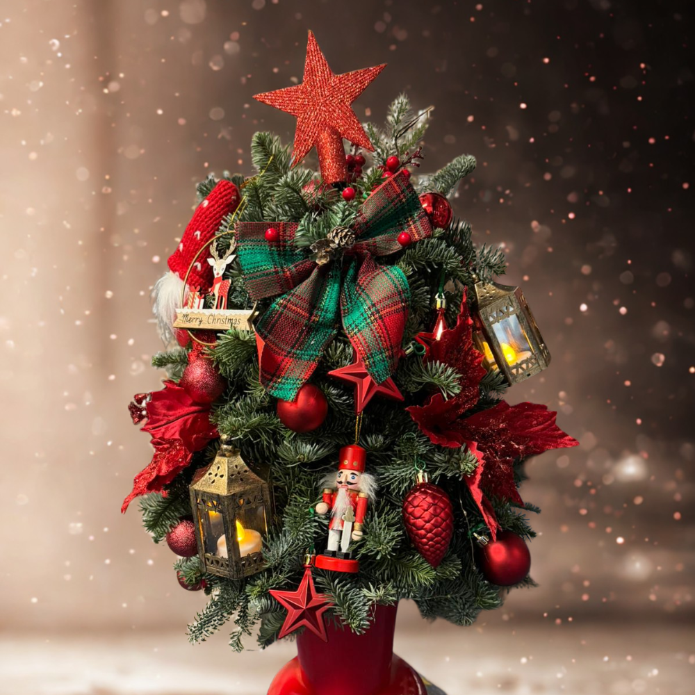 Brad festiv "Red glam", creat manual în vas ceramic