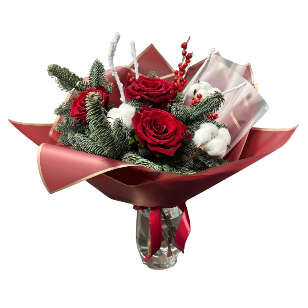 Buchet “Noel” cu brad, trandafiri, bumbac si ilex